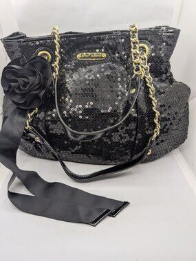 Betsey Johnson shoulder bag Black sequin gold chain strap faux patent leather